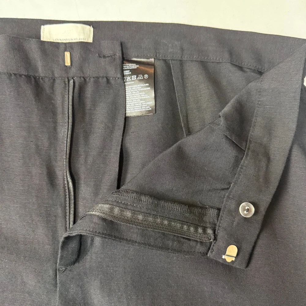 H&M Pants Women 14 Black Linen Blend Wide Leg Pleated Trousers High Rise‎ Beach